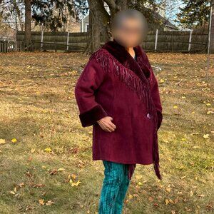 Christia By Hana K Plush Cranberry Suede Shearling Coat Fringe/Tassels 40 XL/1X